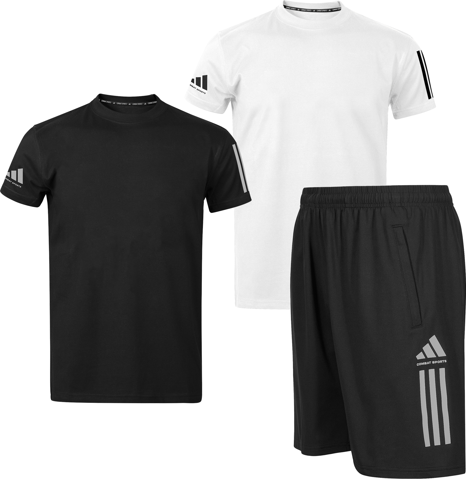 adidas Combat Sports Kids 3 Stripes Performance Drifit T-Shirts and Shorts 3pc Set - 1x White, 1x Black T-Shirt & 1x Black Shorts